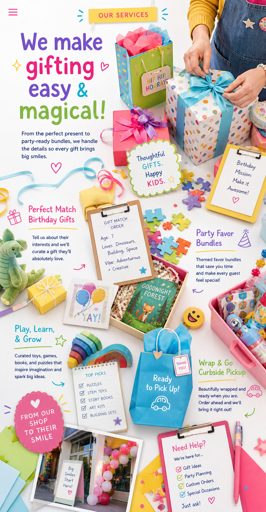 Gift wrapping and party favor service board